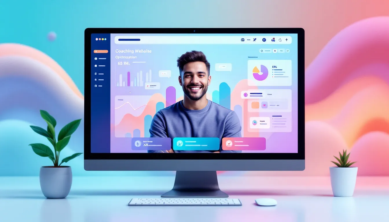 A visual representation of optimizing a coaching website for search engines, featuring a computer screen with website analytics.