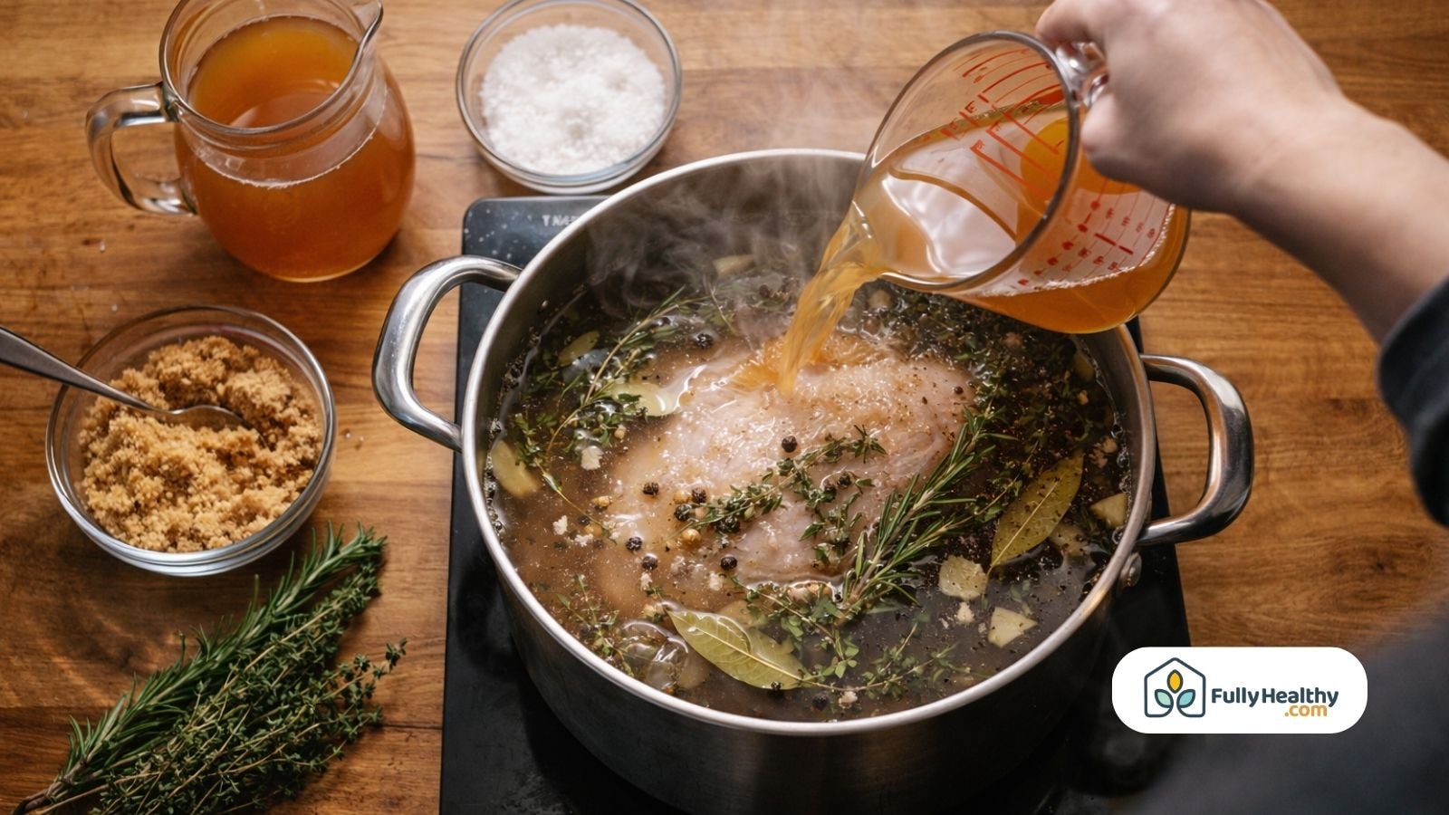Pouring hot brine over turkey with herbs salt sugar on stovetop