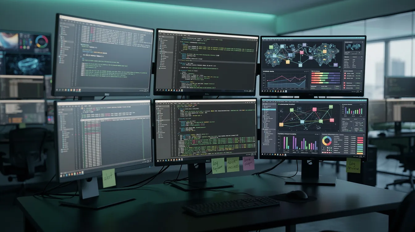 The image features multiple computer monitors displaying terminal windows and security dashboards, showcasing critical information related to network security and cyber threats. This setup highlights the essential tools and technical skills required for cybersecurity roles, such as incident response and risk management.
