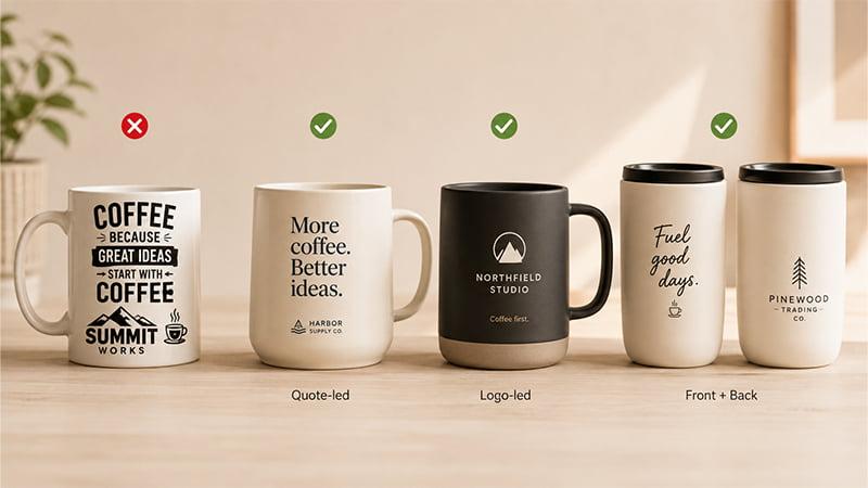 Coffee mug layouts comparing crowded, quote-led, logo-led, and front-and-back designs