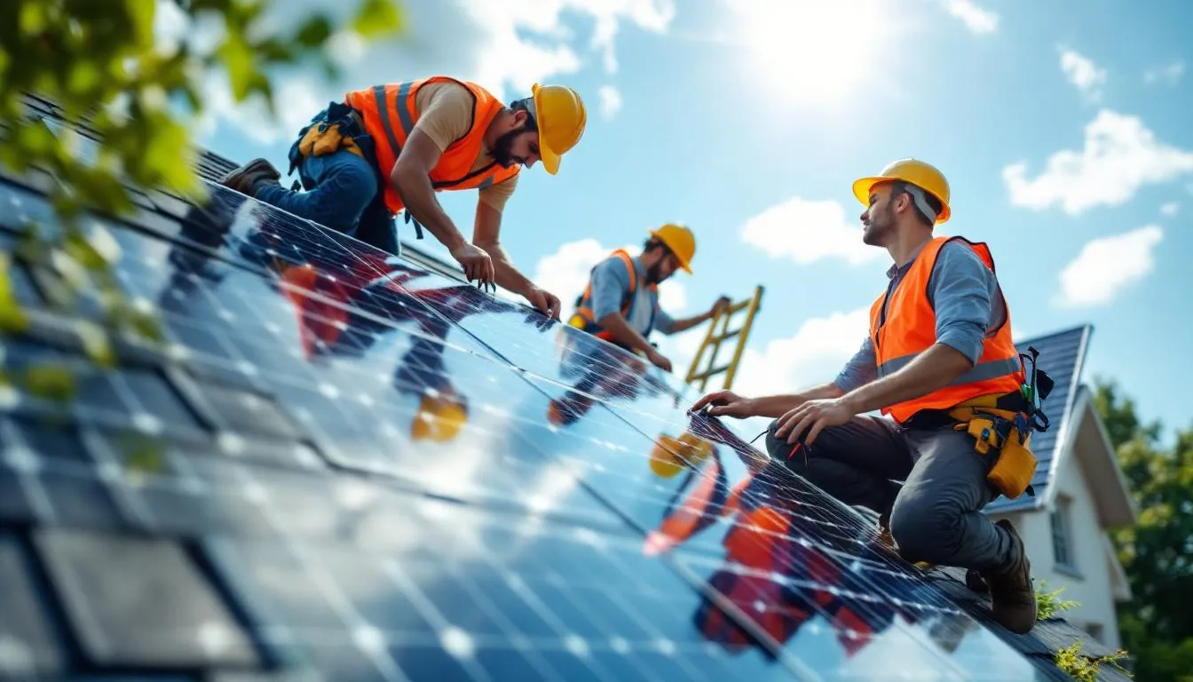 Une équipe de professionnels installe des panneaux solaires sur le toit d'une maison, illustrant l'importance de l'énergie solaire et des solutions d'énergie renouvelable pour la transition énergétique au Québec. Cette installation vise à promouvoir la durabilité et à réduire les émissions tout en répondant aux besoins en électricité des ménages.