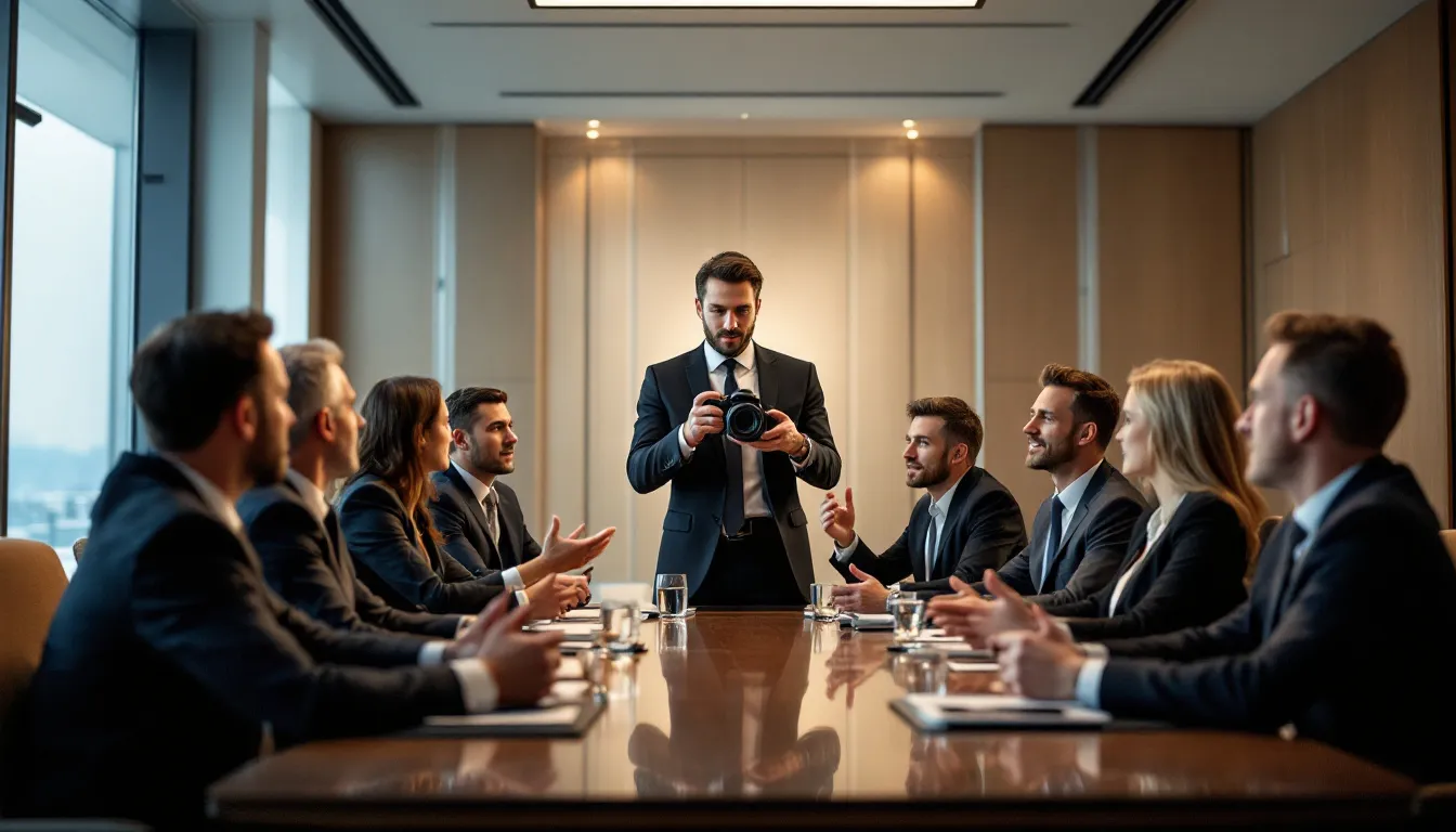 A corporate event photography setup showcasing a professional photographer capturing moments.