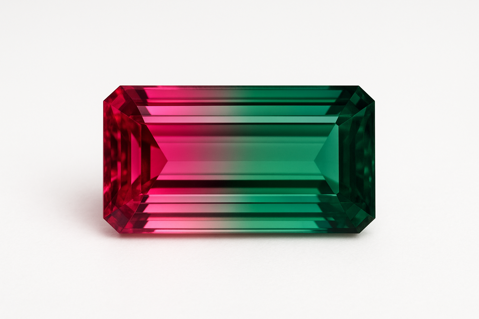 Dviejų spalvų turmalinas stačiakampio formos šlifu, padėtas ant balto fono. Akmuo pereina nuo rožinės iki žalios spalvos, ryškiai spindi ir aiškiai matoma spalvų gradacija pabrėžia jo išskirtinumą