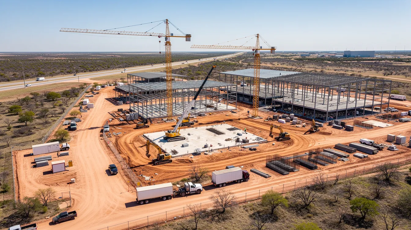 An aerial view captures a large commercial construction project in South Texas, featuring multiple cranes and heavy equipment amidst a flat landscape, highlighting the scale of the operation. The scene emphasizes the importance of workplace safety and effective employee safety programs, critical for minimizing workers compensation claims in the construction industry.