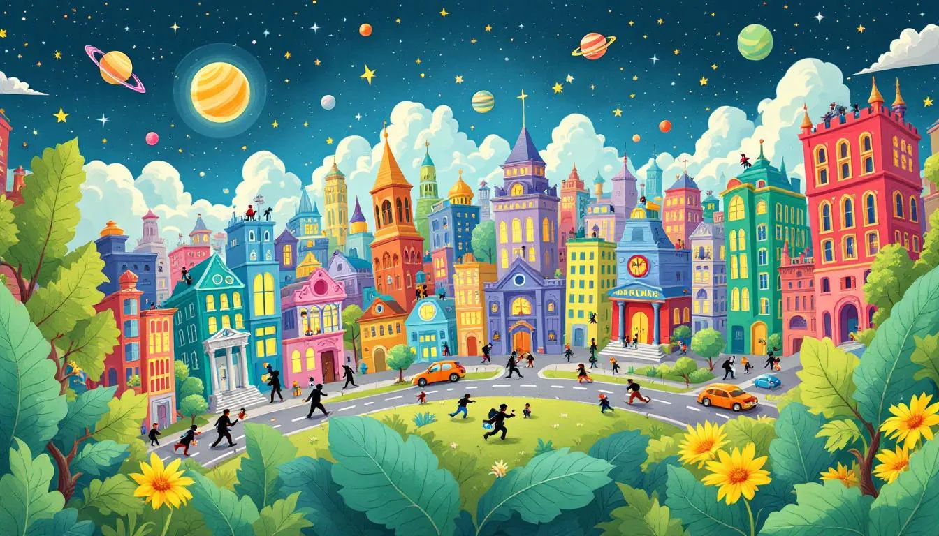 Ein Überblick über die Stadt in MicroMacro Crime City mit verschiedenen Verbrechensszenarien.