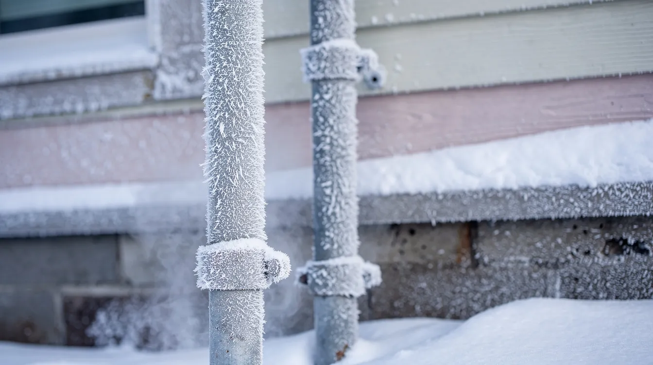 The image depicts frost-covered exterior pipes on the side of a residential home, highlighting potential plumbing issues during winter. Homeowners should be aware that such conditions can lead to plumbing emergencies, and it's advisable to contact a reliable plumbing service for timely repairs to prevent burst pipes or further damage.