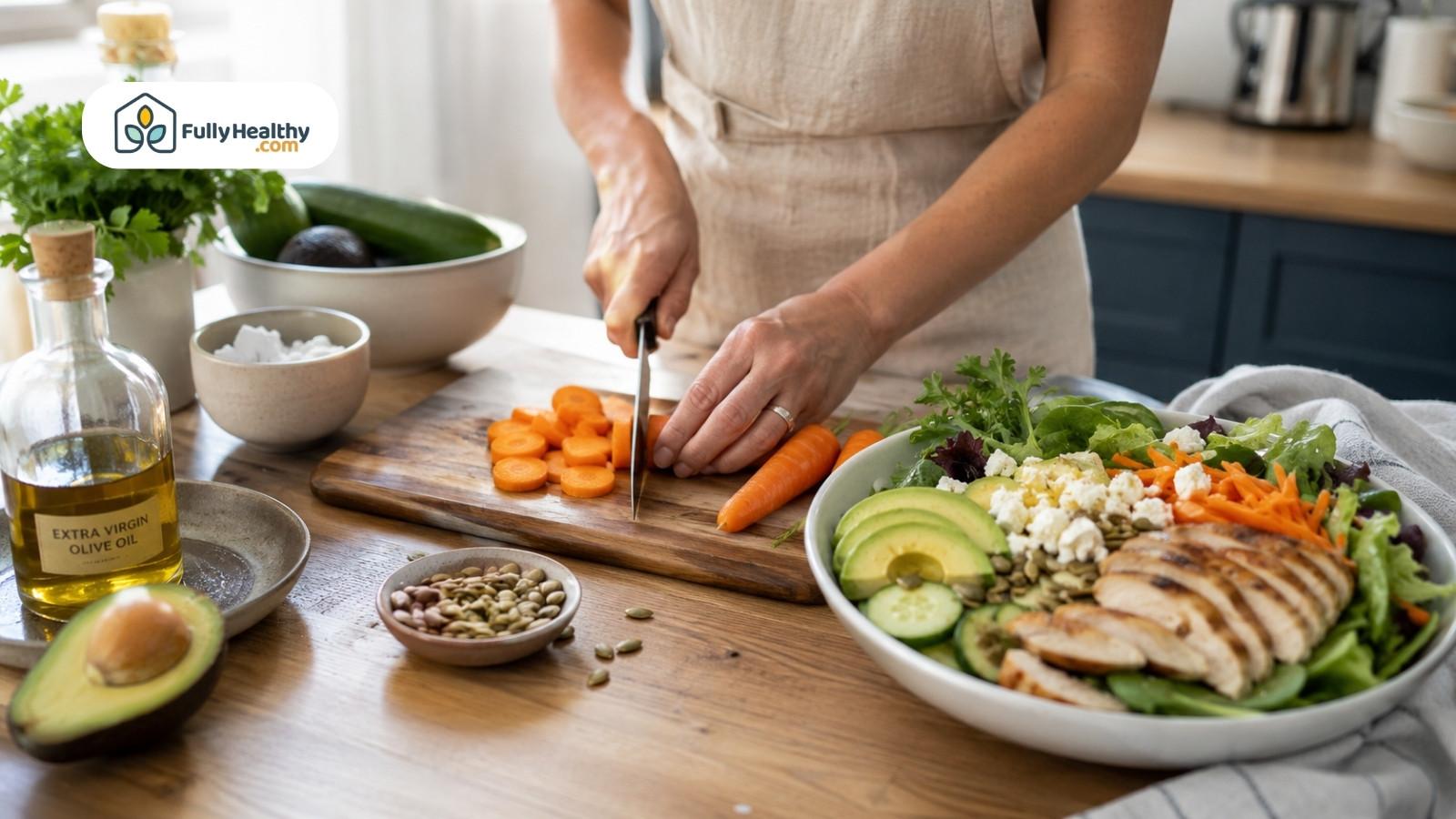 Person slicing carrots for keto salad with avocado, grilled chicken, and olive oil