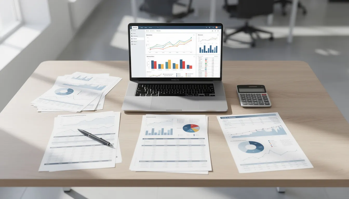 The image depicts a modern office desk featuring a laptop and various financial documents, illustrating a workspace that empowers small business owners to manage crucial business information. This setup reflects the functionality of tools like the Worldpay dashboard mobile app, which allows users to efficiently track transactions and access invoices for better business operations.