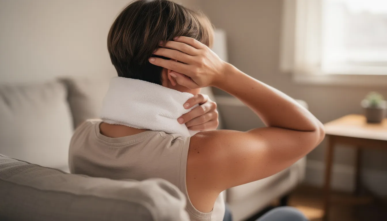 A person is applying an ice pack, wrapped in a towel, to their neck to alleviate symptoms of whiplash, which may include neck pain and stiffness following a recent injury. This treatment aims to reduce inflammation and provide relief from discomfort associated with neck sprains or other neck injuries.