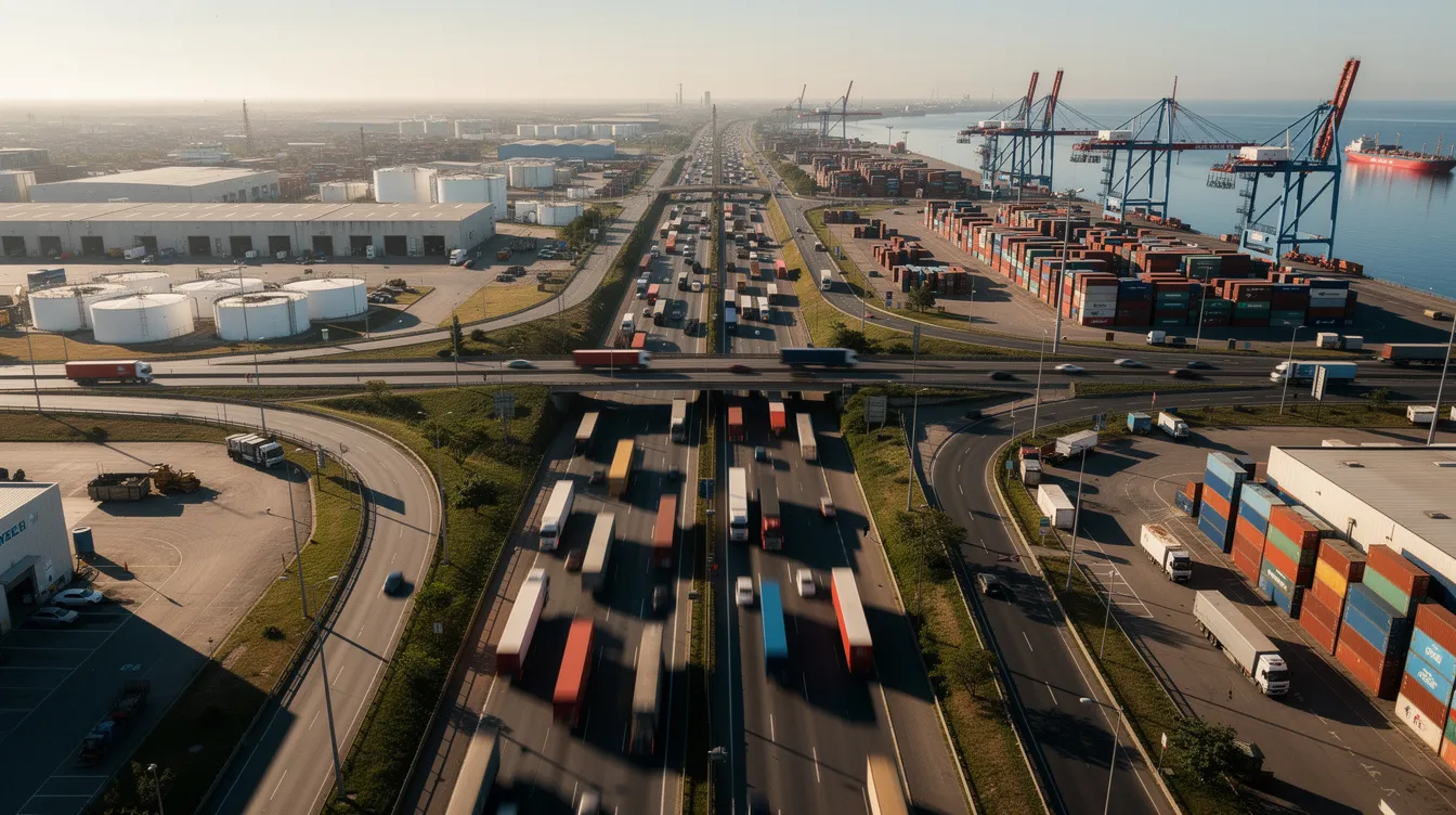 The image shows an aerial view of a busy industrial highway bustling with heavy commercial truck traffic, including large trucks and tractor trailers, near a port area. This scene highlights the complexities of the trucking industry and the potential for truck accident cases that may require the expertise of a Baytown truck accident lawyer.