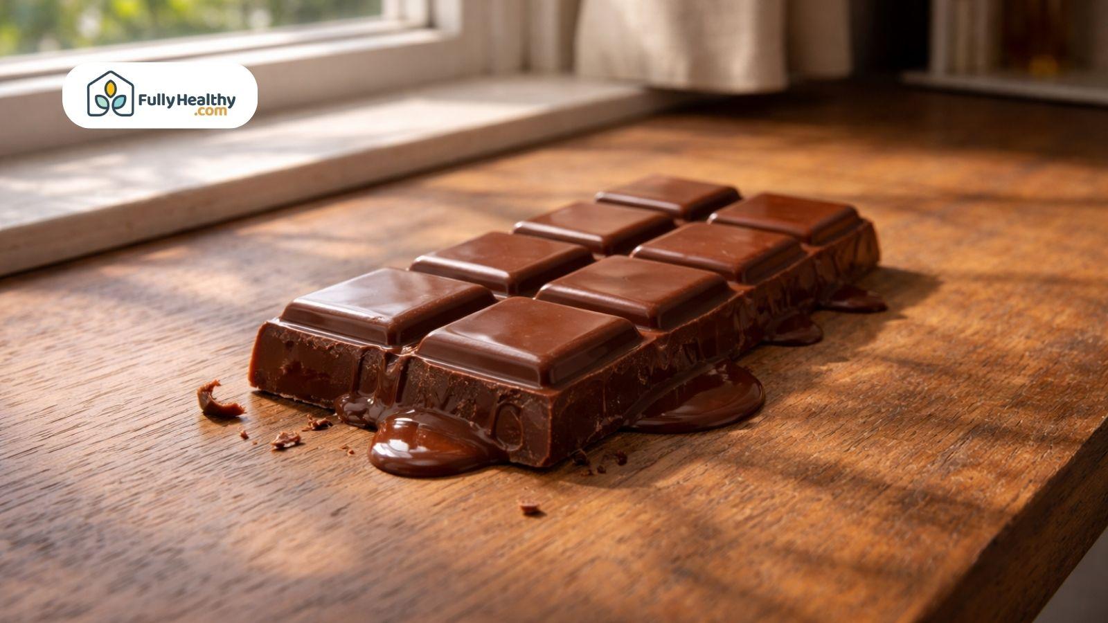 Melted chocolate bar near window showing heat damage and texture change