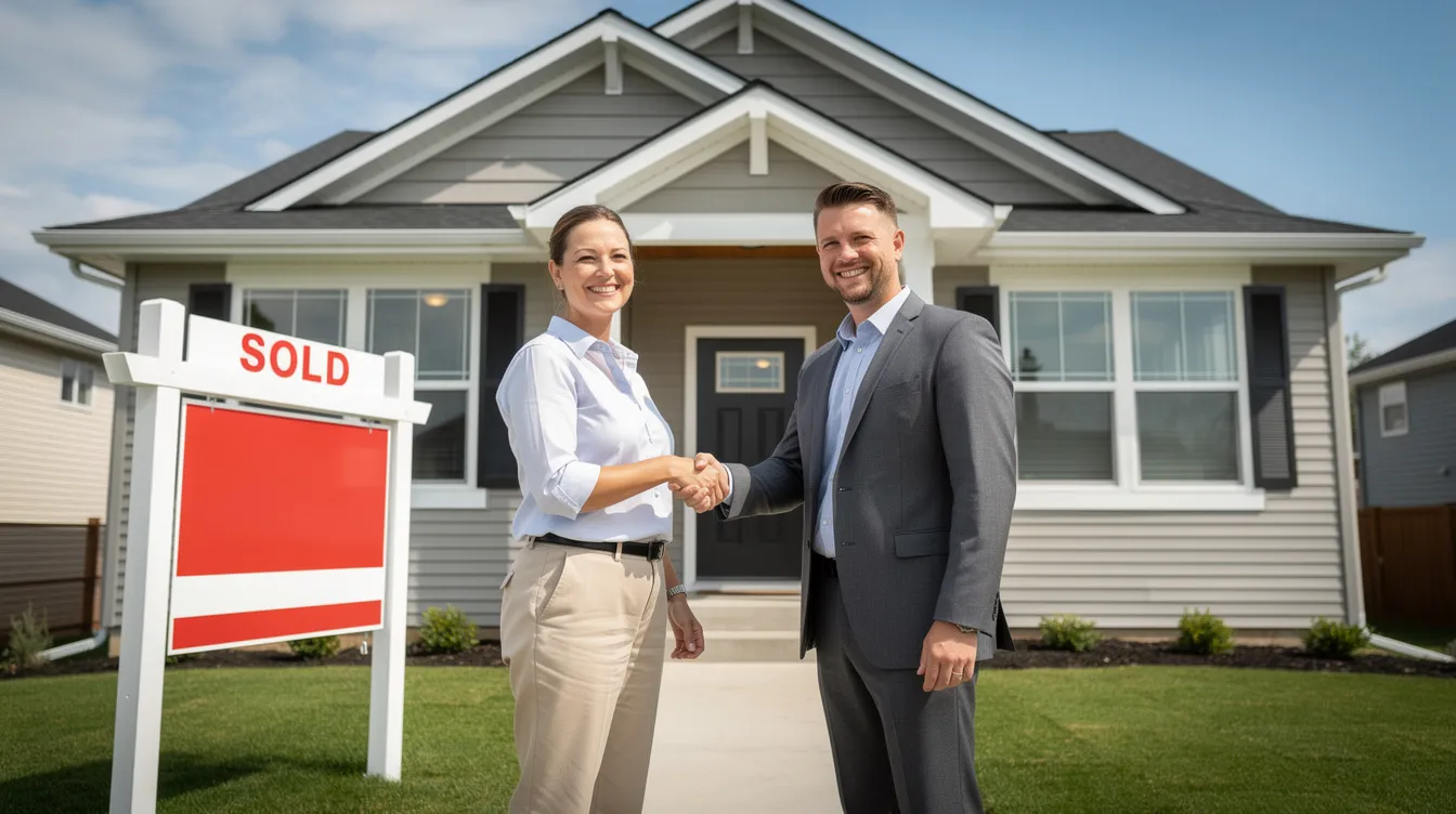 The image depicts two individuals shaking hands in front of a newly renovated property, with a "sold" sign prominently displayed, symbolizing a successful real estate transaction. This moment may represent the completion of a deal facilitated by hard money lenders or traditional lenders, highlighting the importance of real estate financing in investment property ventures.