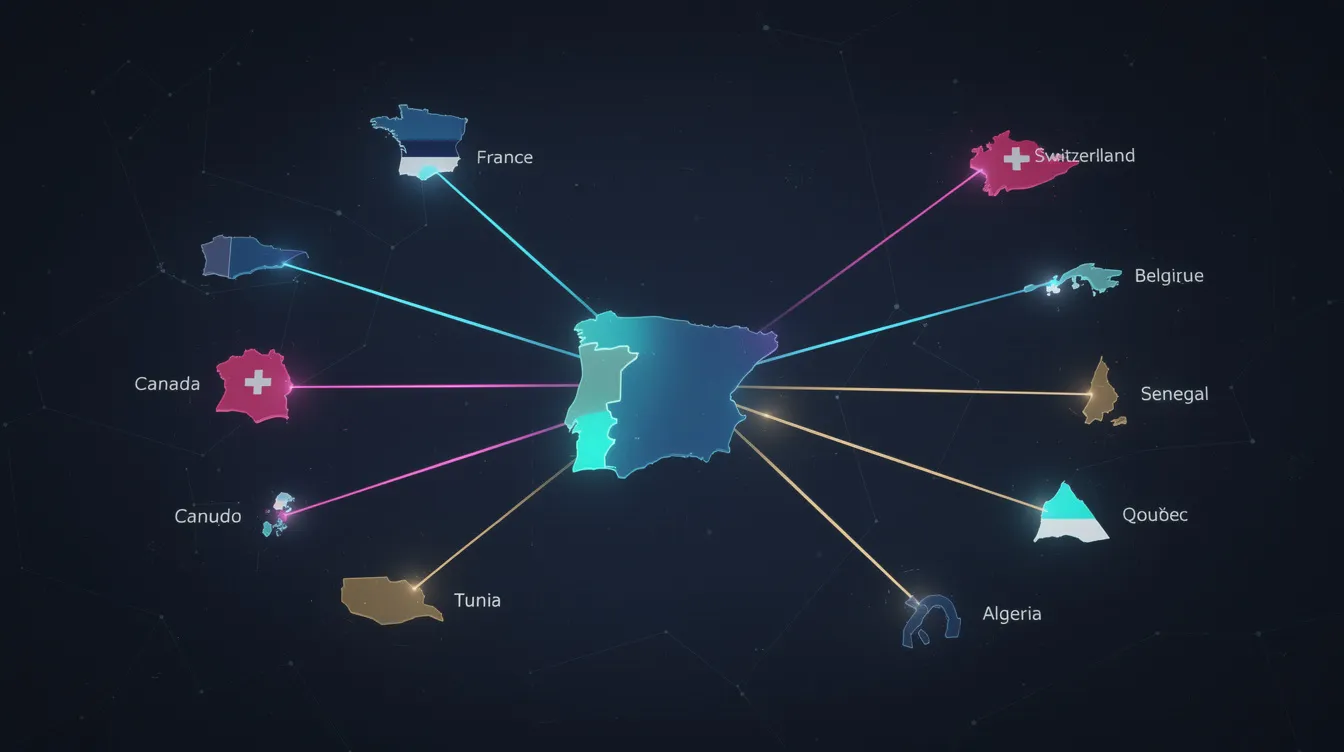 Une carte abstraite du Maroc est illustrée, avec des lignes lumineuses reliant le pays à plusieurs autres nations francophones