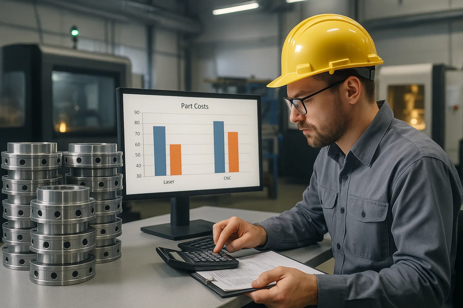 Engineer analysing manufacturing cost-per-part data comparing CNC profiling and laser cutting.