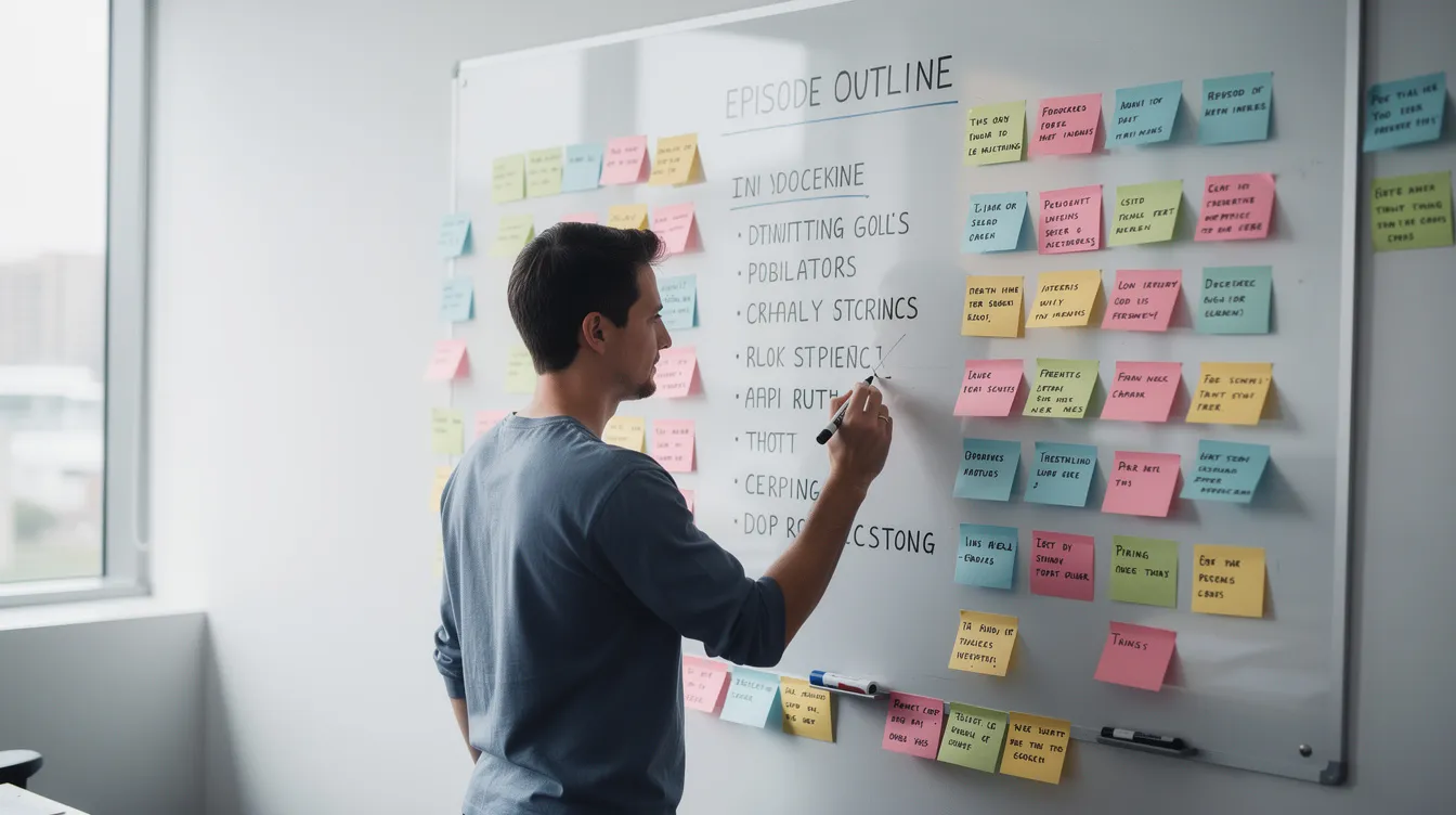 The image shows a person actively writing an episode outline on a whiteboard, surrounded by colorful sticky notes that highlight key takeaways and ideas for podcast content. This visual represents the creative process of planning a podcast episode, emphasizing the importance of content strategy and organization for effective content repurposing across multiple formats. The image shows a person actively writing an episode outline on a whiteboard, surrounded by colorful sticky notes that highlight key takeaways and ideas for podcast content. This visual represents the creative process of planning a podcast episode, emphasizing the importance of content strategy and organization for effective content repurposing across multiple formats.
