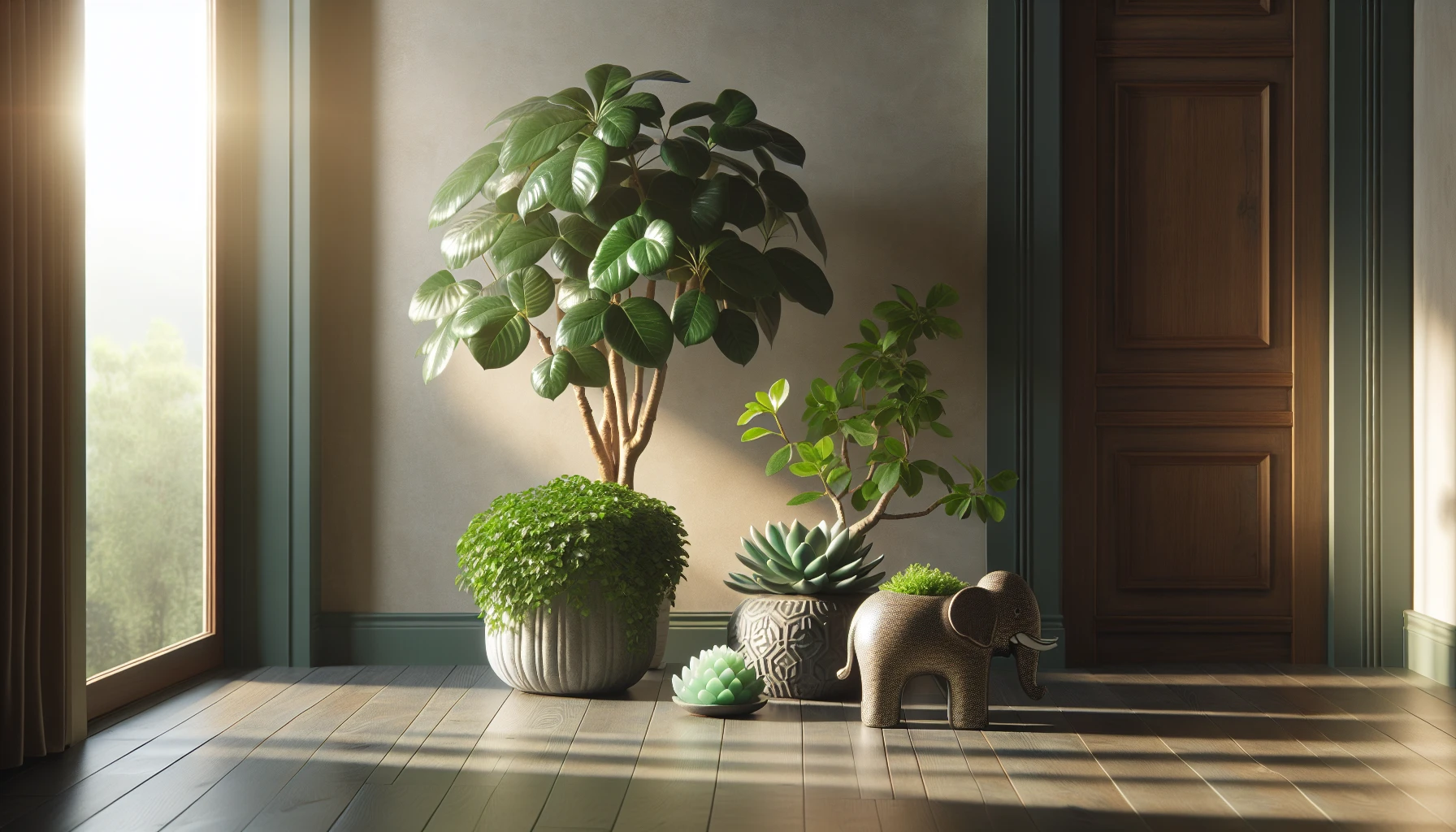 Illustration of Feng Shui arrangement with succulent plants, elephant bush vs jade plant