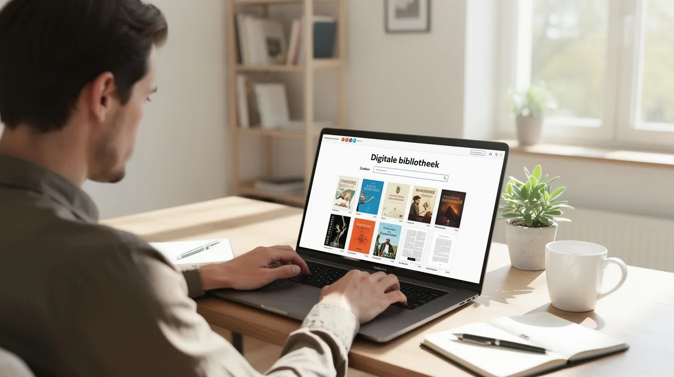 Een persoon zit in een lichte werkkamer en doorzoekt op een laptop een digitale bibliotheek vol met e-books en academische boeken. De ruimte is uitnodigend en georganiseerd, wat het lezen en downloaden van gratis boeken online gemakkelijk maakt.