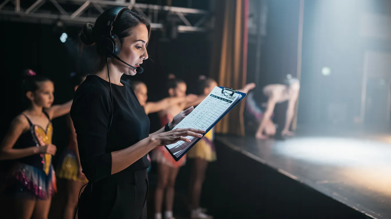 A dance teacher is backstage coordinating the upcoming recital, holding a clipboard and wearing a headset, ensuring everything is in place for the event. This scene captures the organized chaos of preparing for a performance, highlighting the importance of effective management and communication to provide the best experience for both dancers and potential customers.
