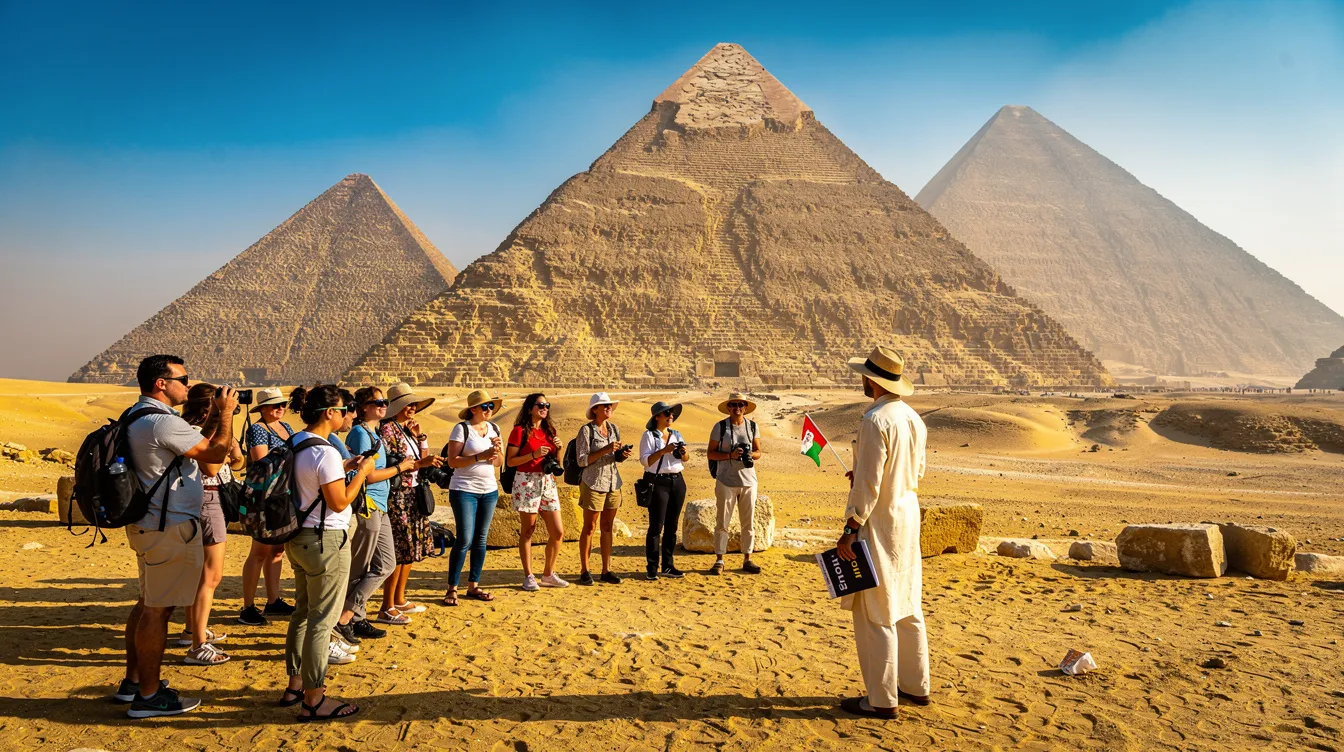 Turistas exploram as majestosas pirâmides do Egito em um dia ensolarado, acompanhados por um guia local que compartilha informações sobre a história e a cultura do destino. A cena transmite uma sensação de confiança e segurança, com visitantes admirando a grandiosidade das estruturas antigas.