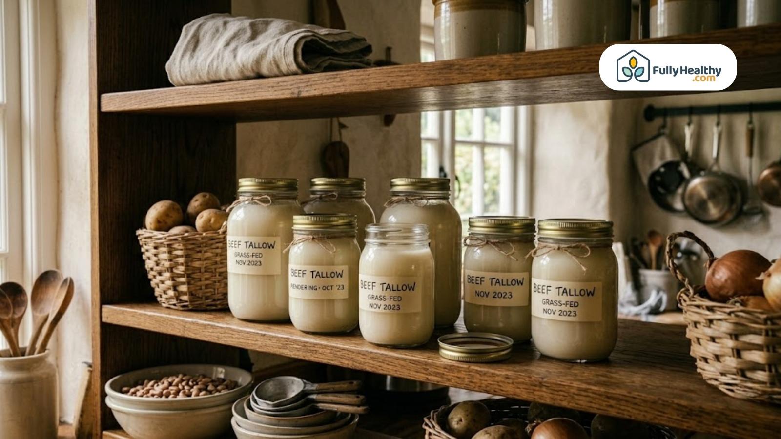 Multiple jars of homemade beef tallow stored neatly on wooden shelf