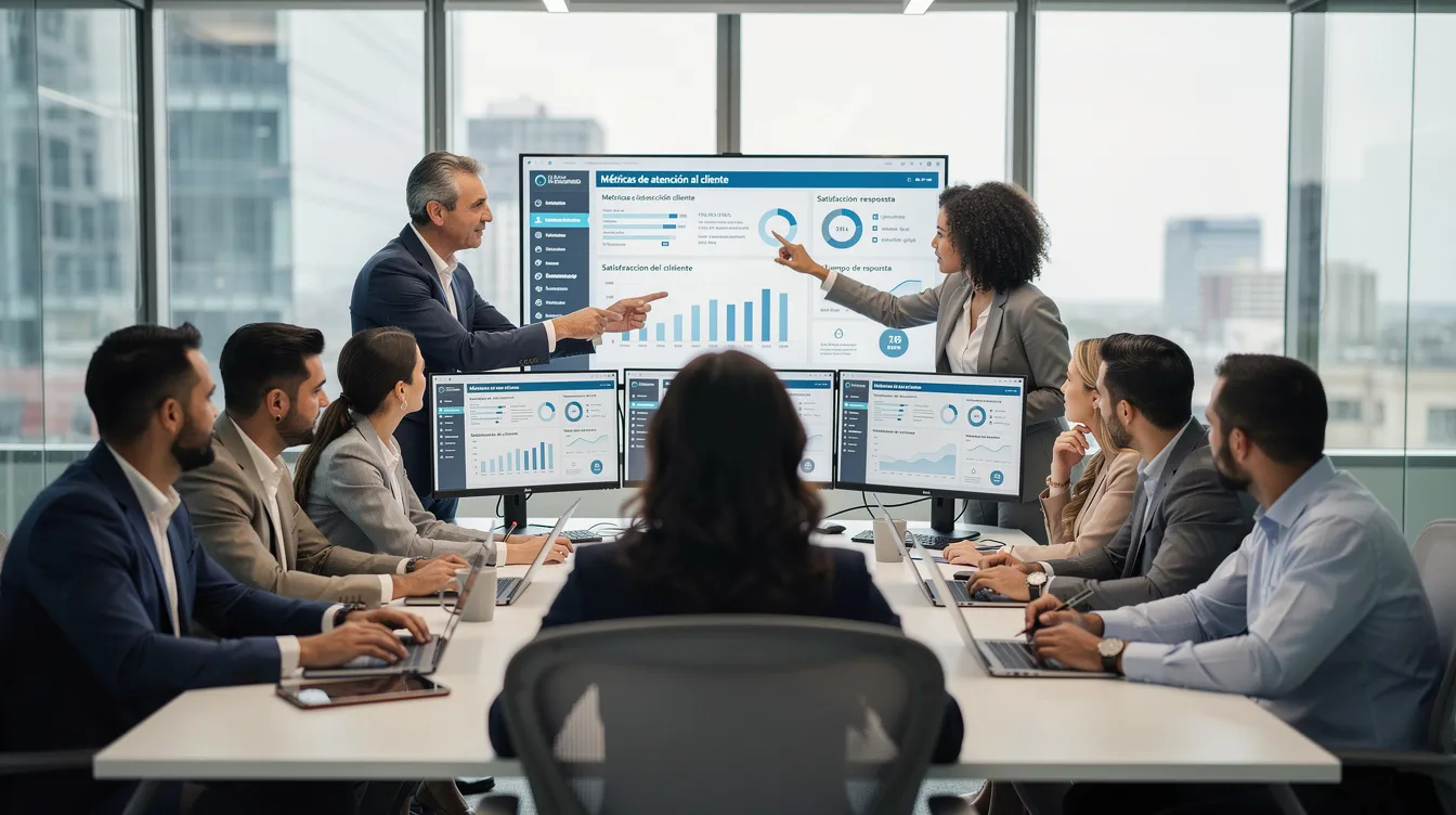 Un equipo de profesionales se encuentra en una sala de reuniones analizando métricas de atención al cliente en pantallas de ordenador. En la imagen se reflejan datos sobre interacciones en centros de llamadas y la satisfacción del cliente, mostrando la importancia de la gestión en los contact centers.