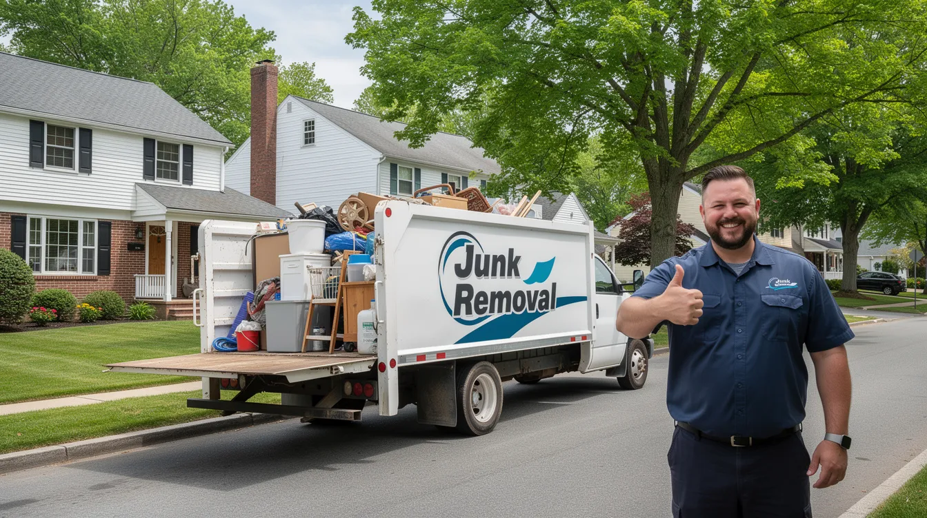 A friendly junk removal crew member gives a thumbs up next to a loaded truck in a Connecticut neighborhood, showcasing their professional appliance removal service. The scene highlights the team's commitment to responsible disposal and customer satisfaction while efficiently clearing out old appliances like refrigerators and washing machines.