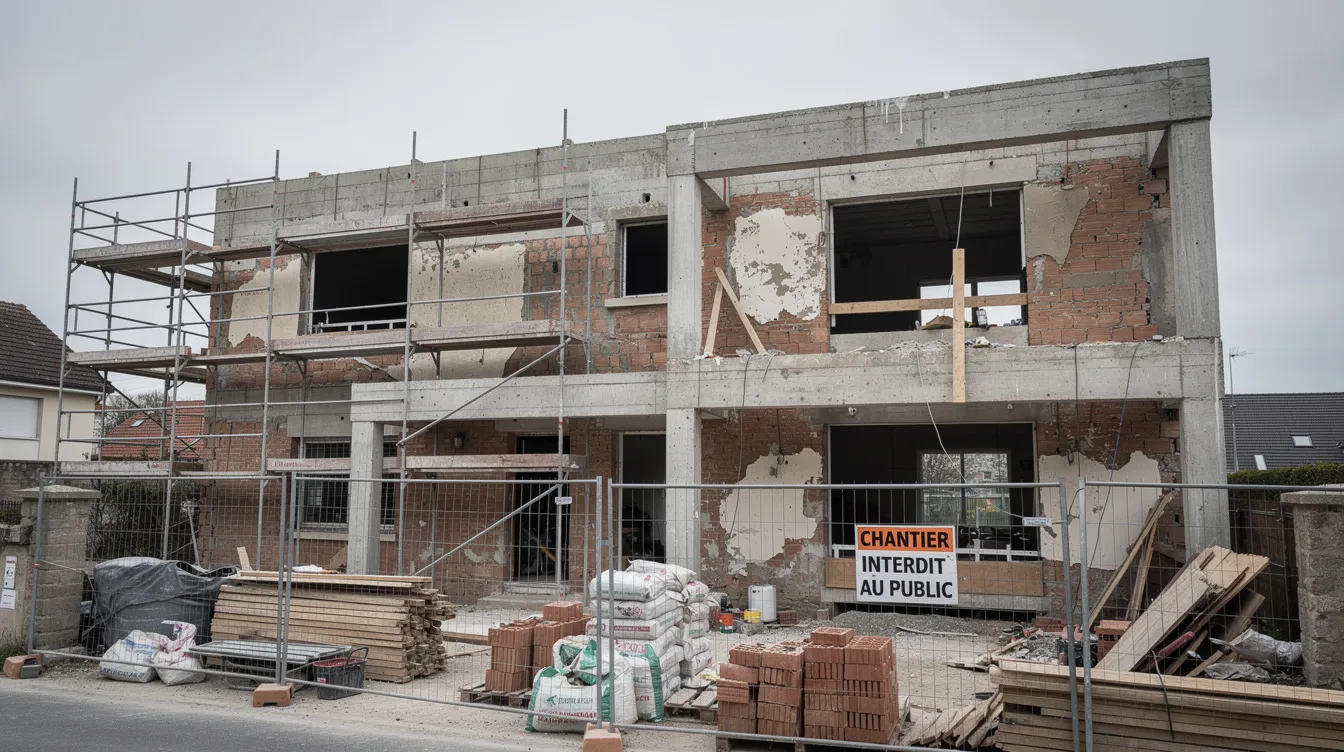 Une maison en cours de rénovation est visible, avec des travaux de gros œuvre tels que des murs en briques apparents et des échafaudages. Ces travaux nécessitent souvent de souscrire une assurance dommages ouvrage pour garantir la solidité et la qualité de la construction.