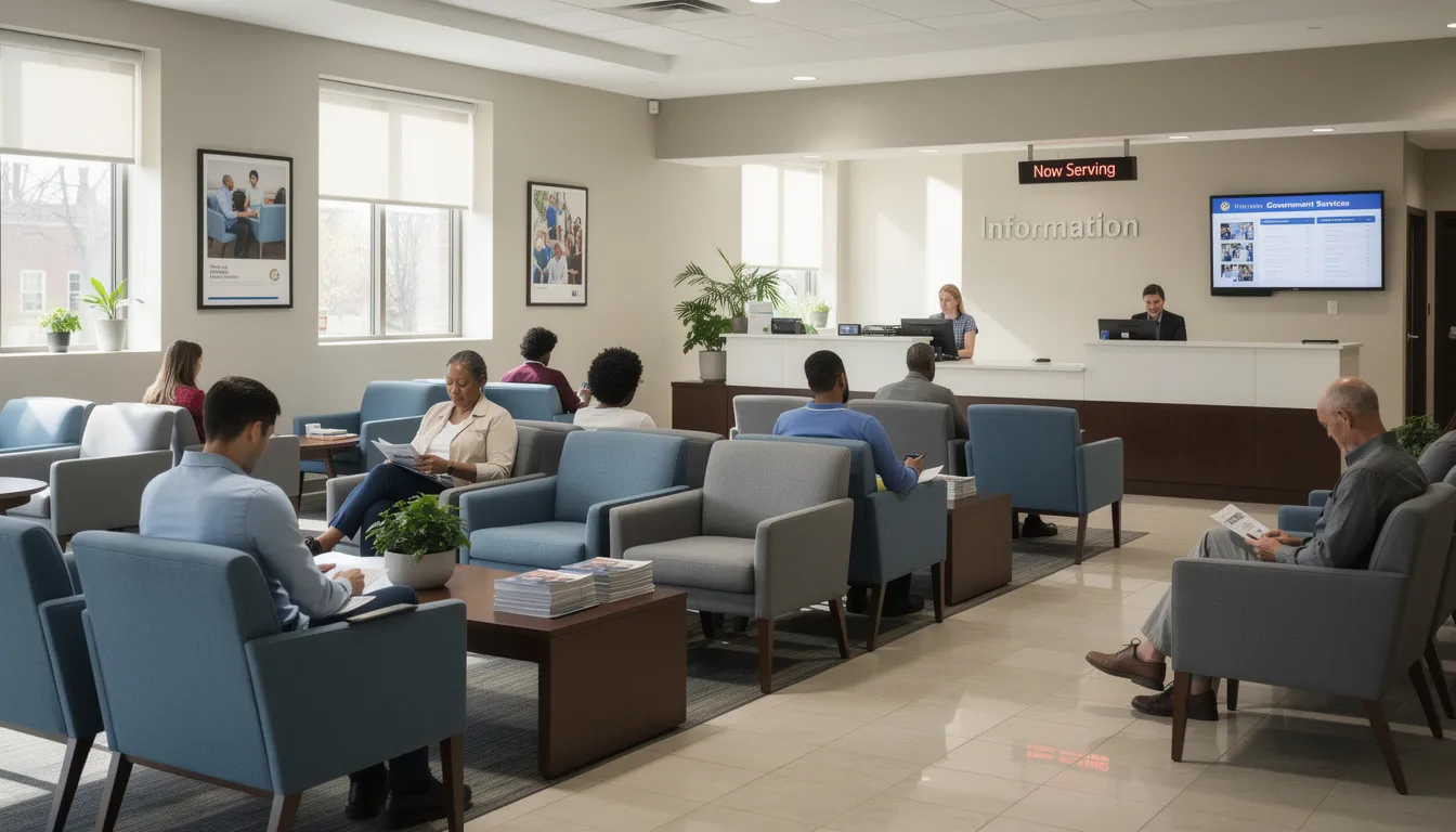 The image depicts a waiting area in a government office building, featuring comfortable chairs arranged neatly for visitors. This space is likely used for individuals preparing for the Australian citizenship application process, where they may wait for their appointment related to the citizenship test or ceremony.
