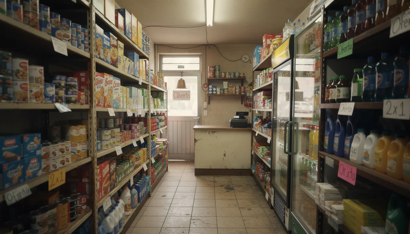 Imagen del interior de una pequeña tienda de barrio, donde se pueden ver estanterías repletas de productos variados. Este espacio refleja un ambiente acogedor, ideal para la gestión de inventario y el seguimiento de existencias, facilitando la tarea de registro y control para el negocio.