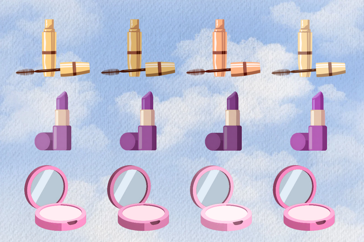 Three rows of makeup products with very slight variations in color and saturation, placed over a blue watercolor background.