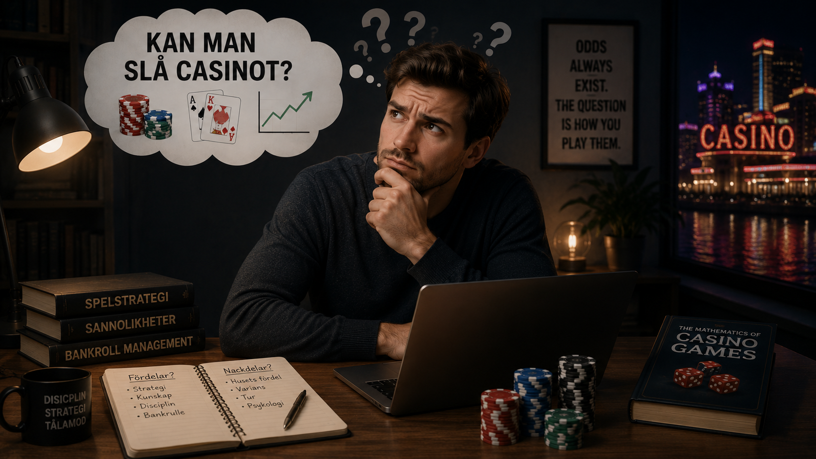 Man som funderar över om det går att slå casinot genom strategi, odds och bankroll management.
