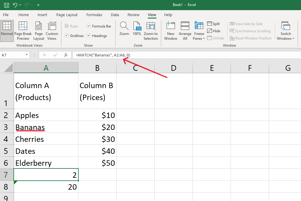 use the match function to find the row number of the product
