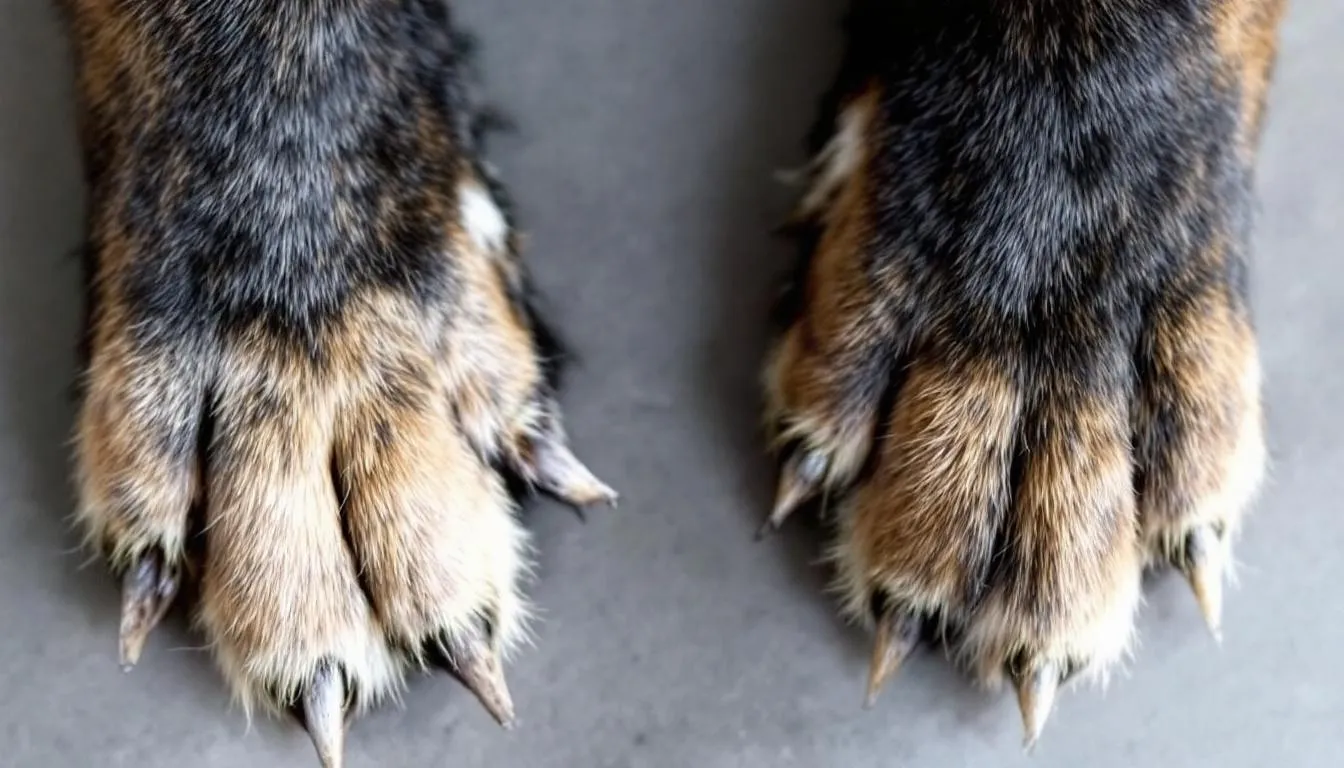 The image compares overgrown dog nails with properly trimmed nails, highlighting the difference in length and health. Overgrown nails can lead to discomfort and may cause dogs to chew or lick their paws excessively, potentially resulting in skin irritation or infections.