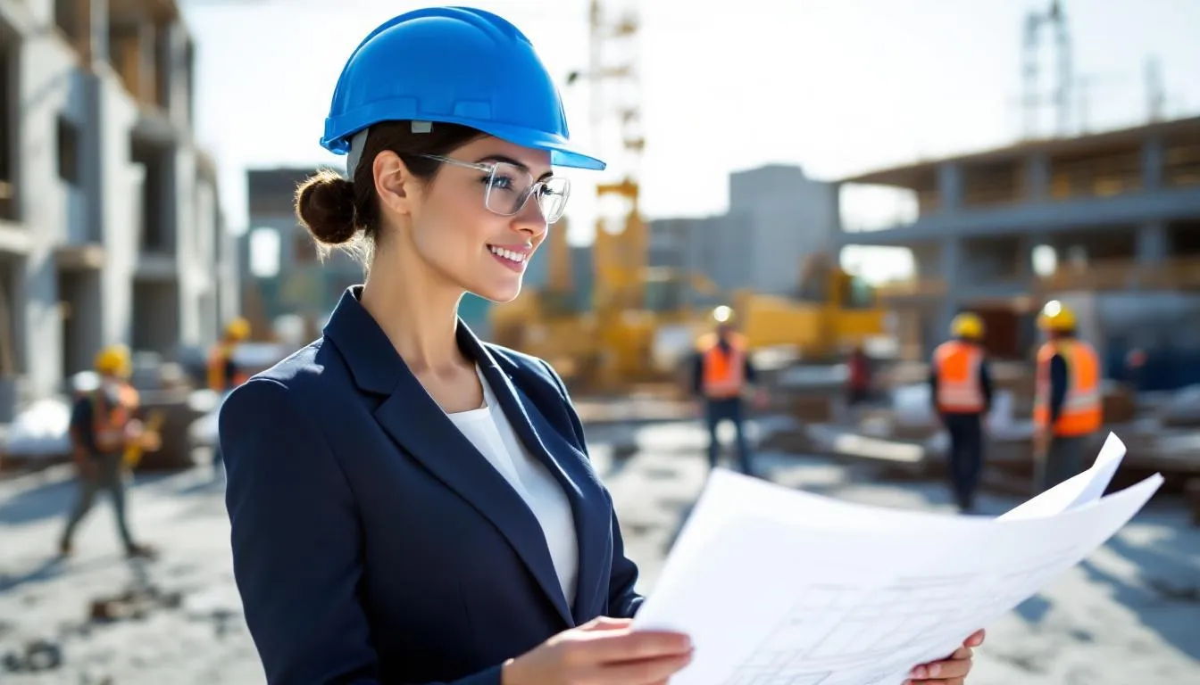 A professional woman wearing a hard hat is intently reviewing construction plans at a building site, showcasing her expertise in architecture and her commitment to her career. This scene highlights the important role of licensed architects in managing projects and ensuring successful outcomes in the construction industry.