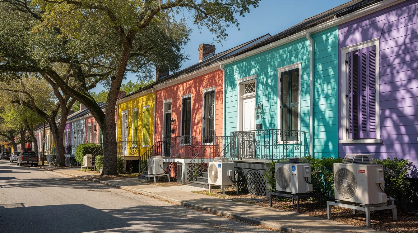 A vibrant row of colorful New Orleans homes lines a tree-shaded street, each featuring outdoor AC condenser units that are essential for maintaining indoor air quality during the city's intense heat. The scene captures the charm of New Orleans architecture while highlighting the importance of reliable air conditioning systems for homeowners.