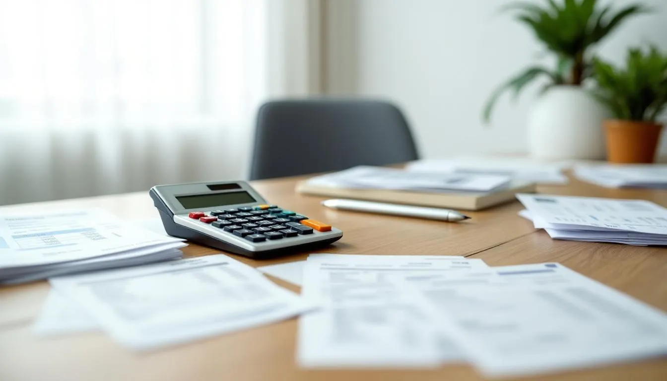 En la imagen se observa un escritorio de oficina de un salón de belleza, donde hay una calculadora y varios documentos financieros organizados. También se pueden ver dispositivos de punto de venta (tpv) que facilitan las transacciones con tarjetas de crédito, esenciales para la gestión de ventas y pagos en el negocio.