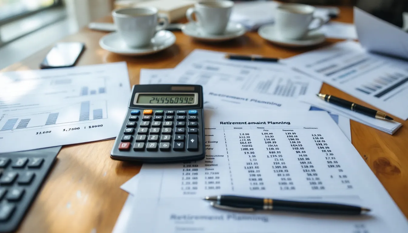 A calculator and various retirement planning worksheets are spread across a wooden desk, emphasizing the importance of preparing for retirement age and estimating benefits. These materials suggest a focus on personal finance, including social security payments and retirement plans for individuals and families.