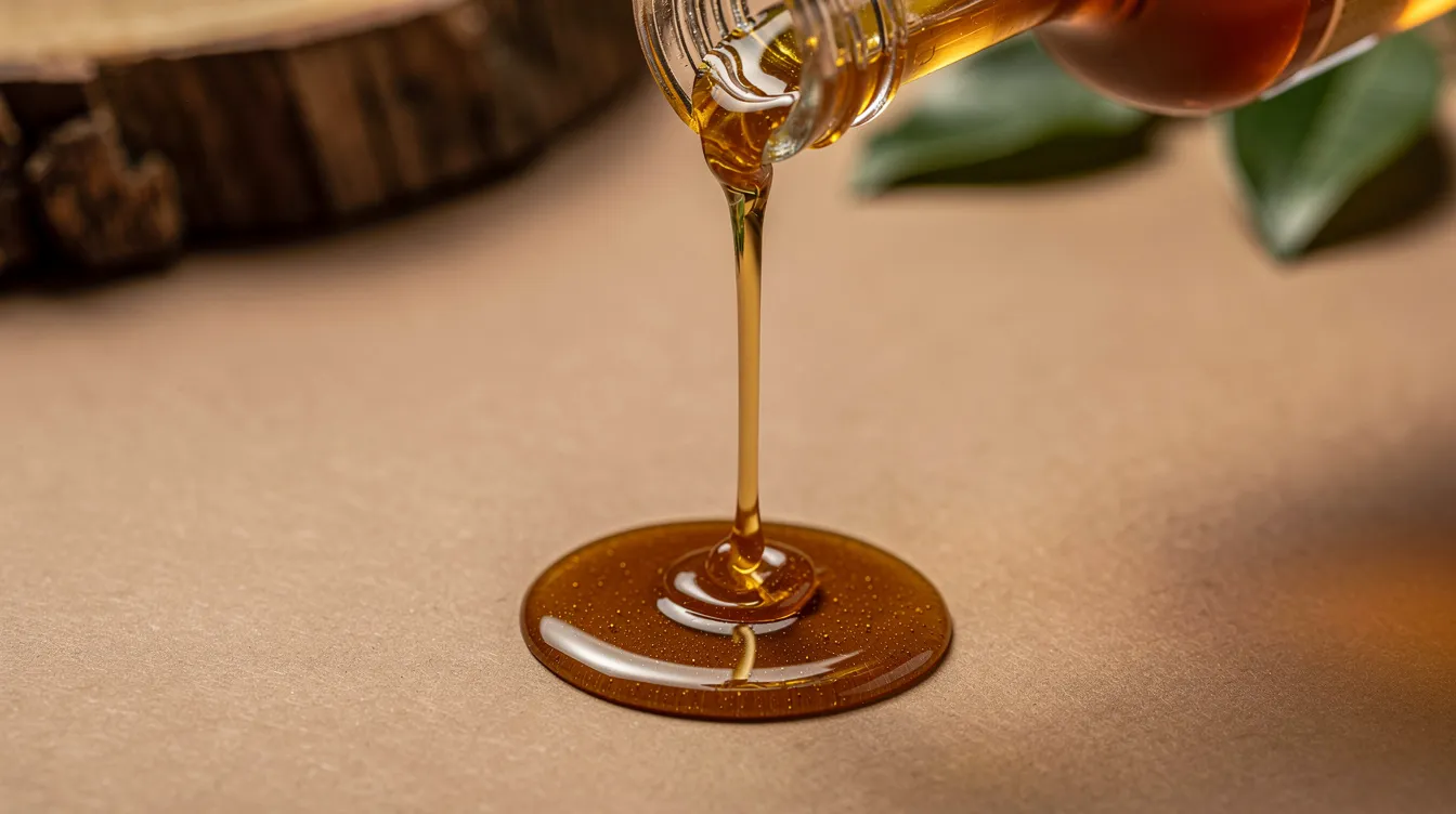 A close-up image showcases rich golden-brown batana oil being poured onto a flat surface, emphasizing its nourishing properties for hair health. This pure batana oil is known to promote hair growth and strengthen damaged hair, making it a valuable addition to any hair care routine.