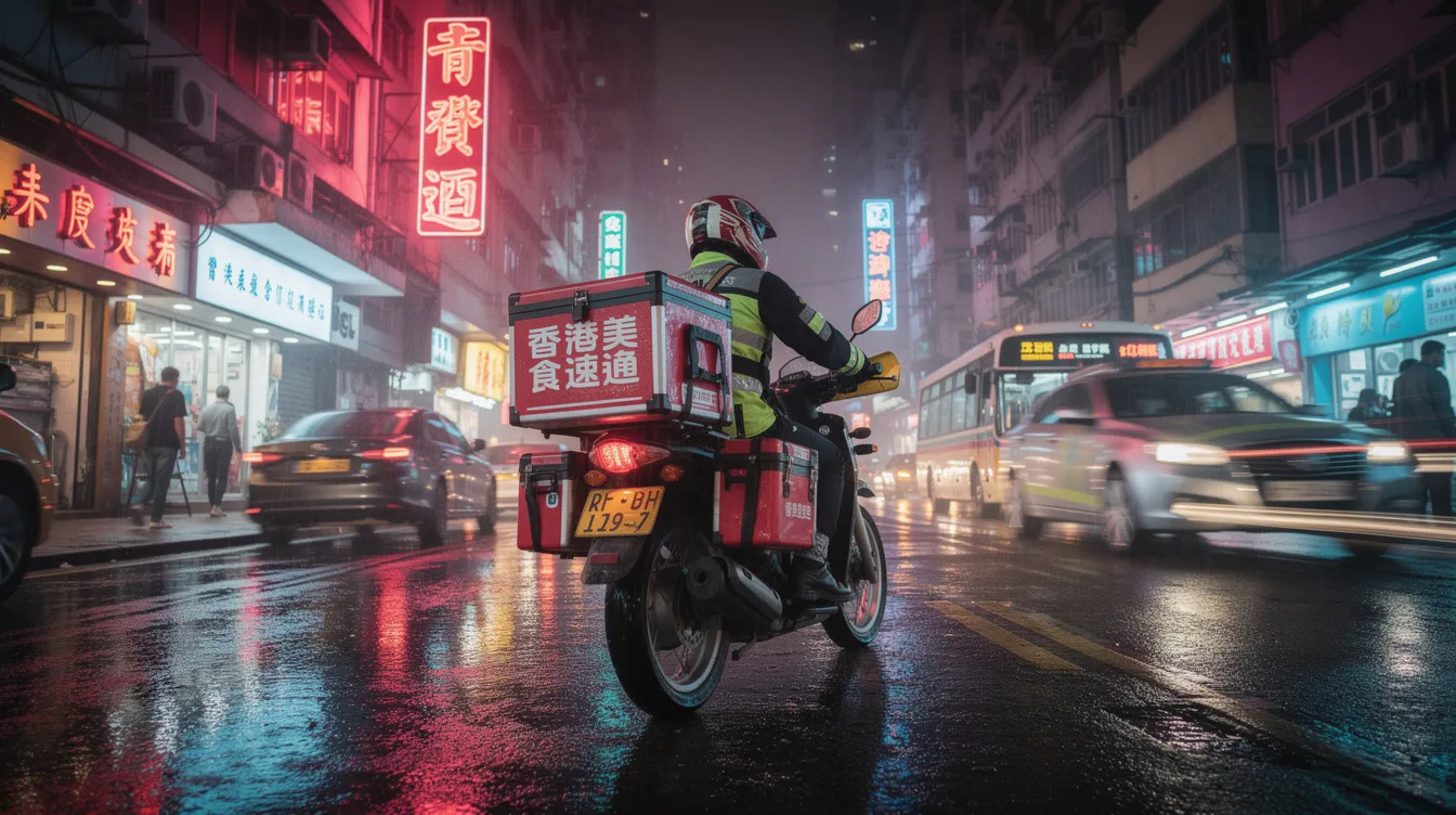 A food delivery rider is seen on a motorcycle, skillfully navigating through a bustling Hong Kong street illuminated by vibrant neon lights at night. The scene captures the fast-paced urban environment, highlighting the rider's determination amidst the city's lively atmosphere.