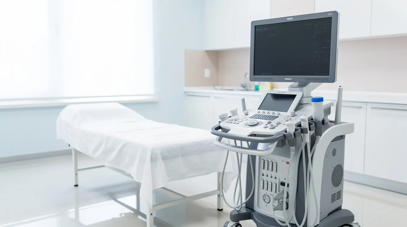 Ein medizinisches Ultraschallgerät steht in einem hellen Behandlungszimmer, das für Untersuchungen der Schilddrüse genutzt wird. Dieses Gerät kann helfen, Schilddrüsenerkrankungen wie die Unterfunktion der Schilddrüse zu diagnostizieren und die Funktion der Schilddrüsenhormone zu überprüfen.