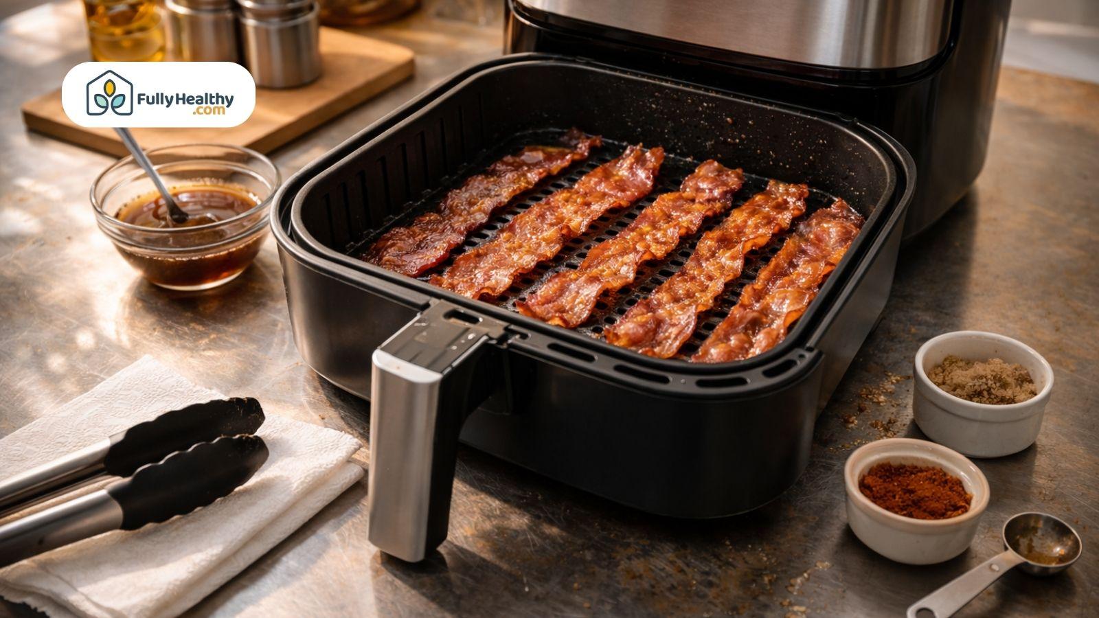 Air fryer basket cooking bacon strips with seasoning bowls and kitchen tools
