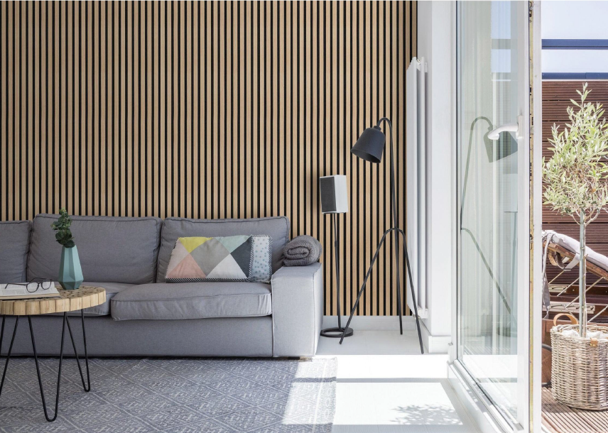 An illustration showing versatile applications of wood acoustic panels in various interior environments.