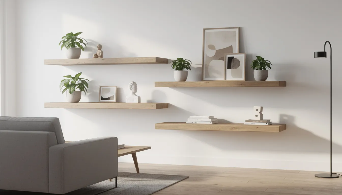 Een moderne woonkamer met stijlvolle massief eiken wandplanken aan een witte muur, versierd met groene planten en kunstobjecten. De zwevende wandplanken, zoals de Duraline wandplank XL4 in eikenfineer, geven de ruimte een eigentijdse uitstraling.