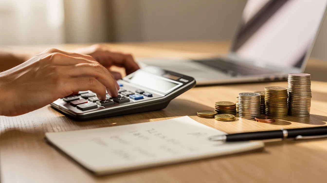 The image shows hands operating a calculator next to a stack of coins, symbolizing budgeting and financial planning. This scene reflects important aspects of personal finance, including debt restructuring and effective management of financial resources.