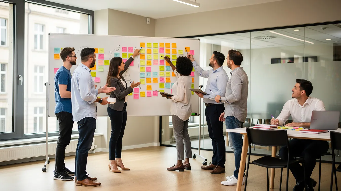 Une équipe organise des post-its sur un tableau blanc pour planifier ses priorités.