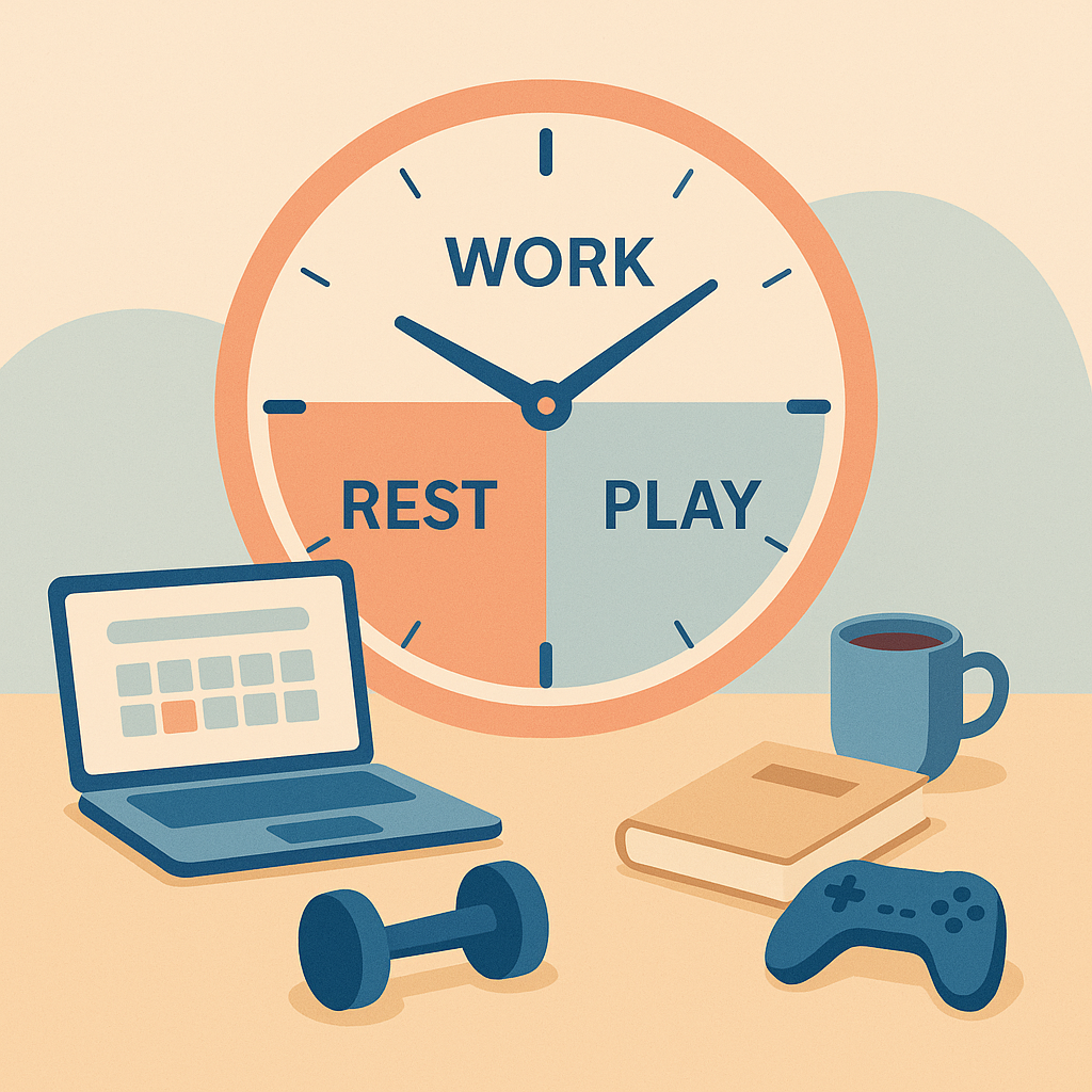 A clock divided into Work, Rest, and Play segments with icons like laptop, dumbbell, book, and game controller illustrates the pickle jar theory for personal time management.