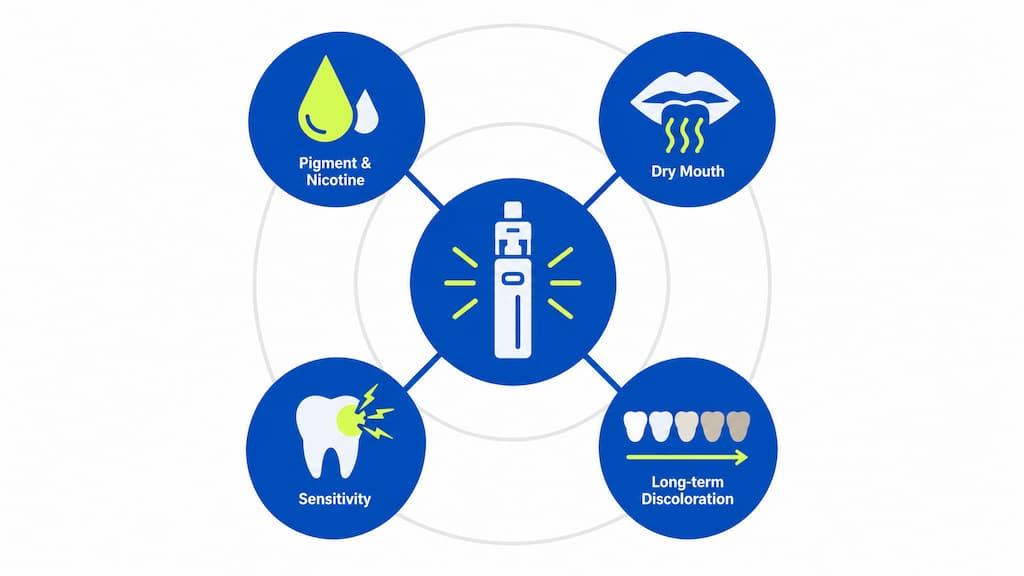 Diagram of a vape device linked to four effects on whitened teeth: pigment and nicotine, dry mouth, sensitivity, and long-term discoloration