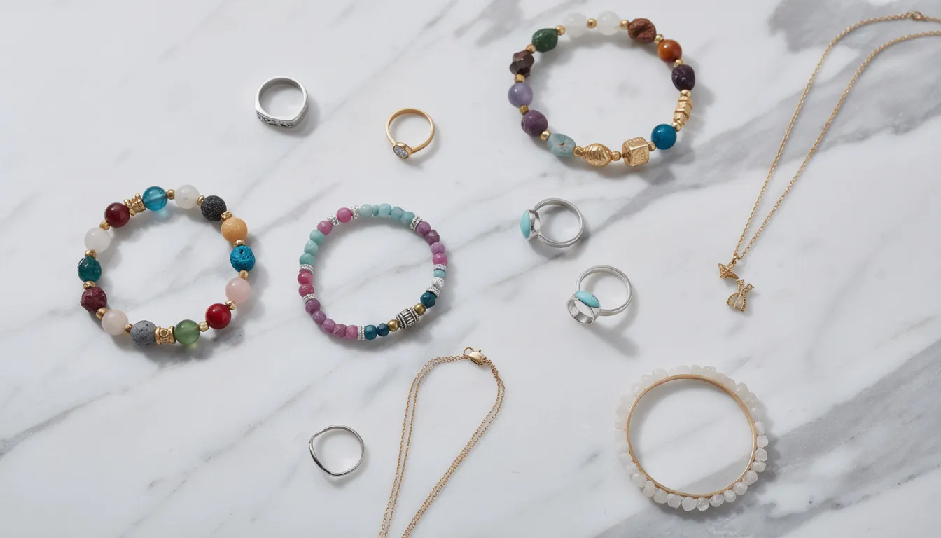 A flat lay displays an array of handmade jewelry pieces, including colorful beaded bracelets, elegant silver rings, and luxurious gold necklaces, all arranged on a smooth marble surface. This visually appealing composition could enhance blog content related to jewelry, attracting organic traffic through effective keyword research and search engine optimization techniques.