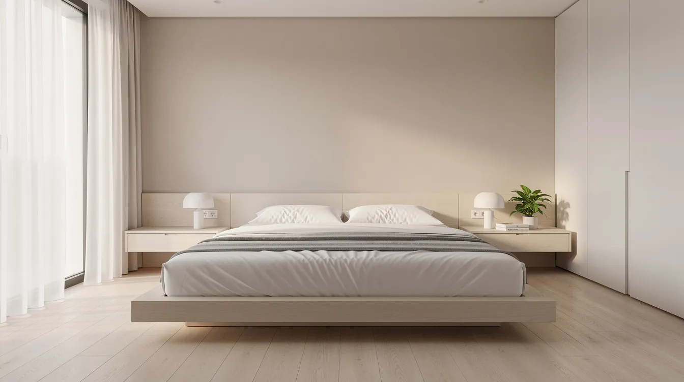The image depicts a minimalist bedroom featuring soft neutral colors and clean surfaces, creating an ideal sleep environment that promotes restful sleep. The tidy setup, complemented by calming decor, encourages good sleep hygiene and enhances sleep quality for a good night&rsquo;s rest.