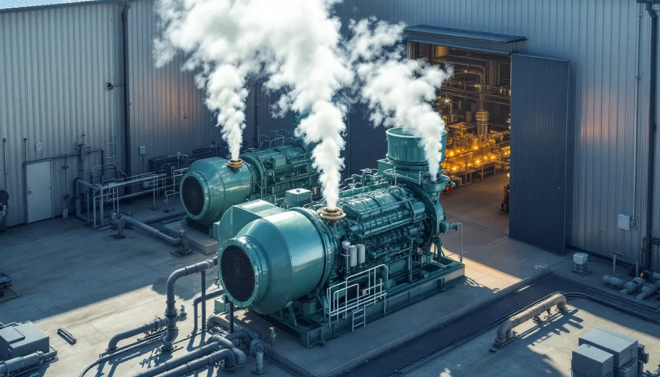 A methane utilization facility is depicted, featuring gas engines that generate electricity from methane extracted from coal mines. The facility highlights the use of coal mine methane as a source of energy, contributing to reduced greenhouse gas emissions and improved worker safety in mining areas.